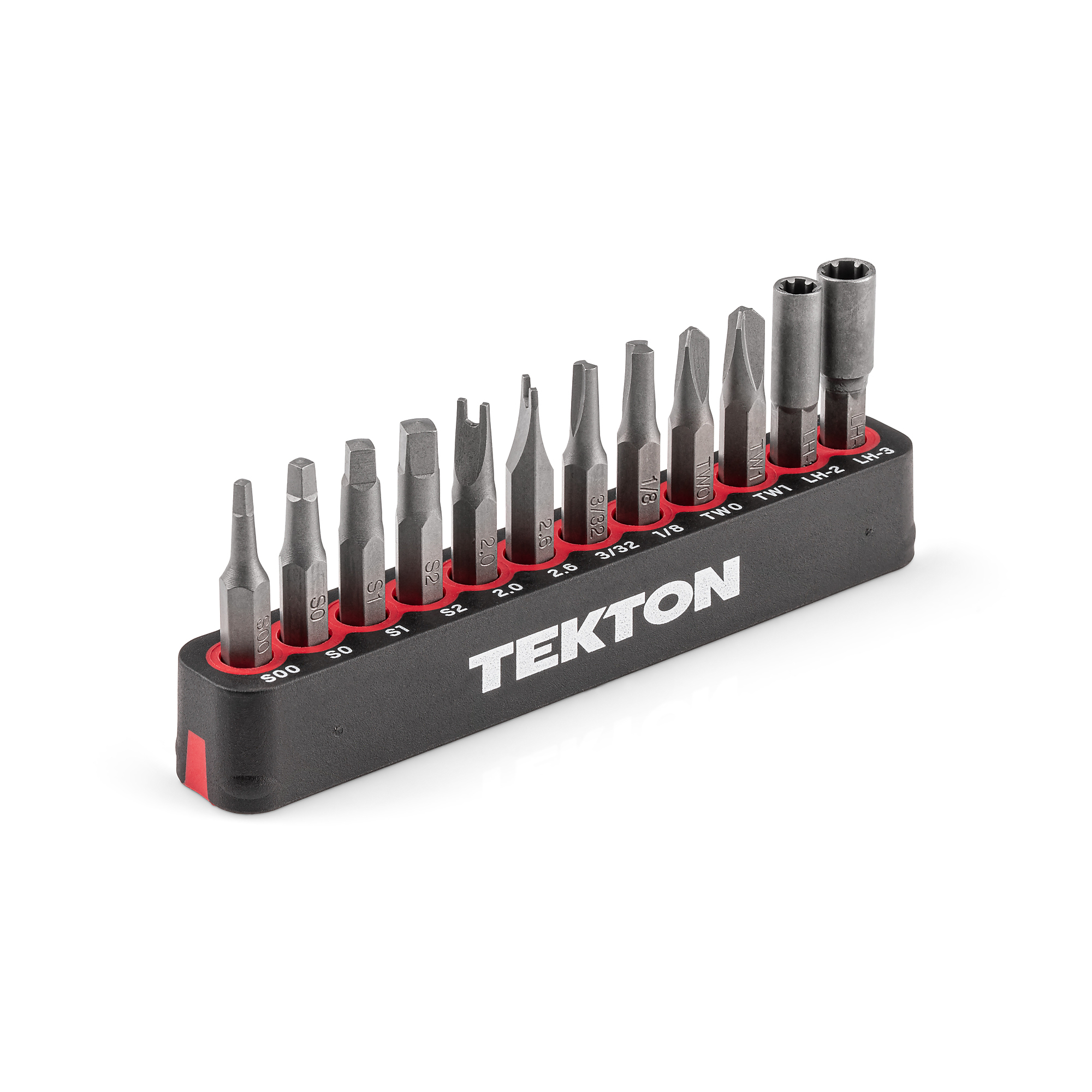 TEKTON 4 mm Security Bit Set with Rail, 12-Piece (Square #00-#2, Spanner 2.0-2.6 mm, Clutch 3/32-1/8 in., Tri-Wing TW0-TW1, Line Head LH-2 - LH-3) | DZZ92007